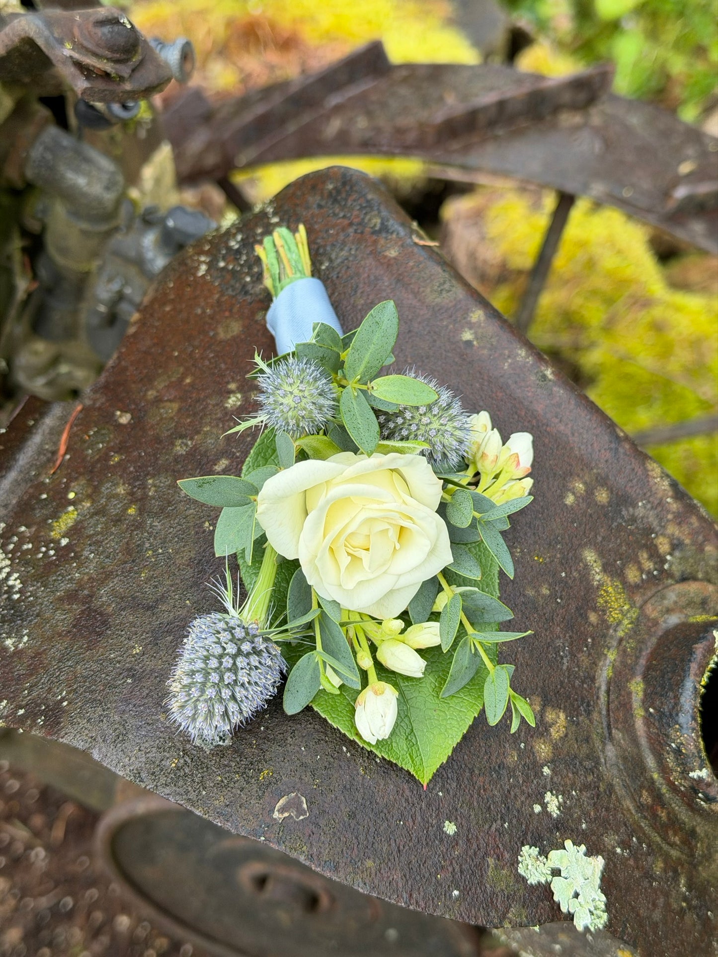 The Graceful Stem Boutonniere features a white rose, thistle, and greenery on a rustic metal surface—showcasing romantic floral style ideal for online delivery.