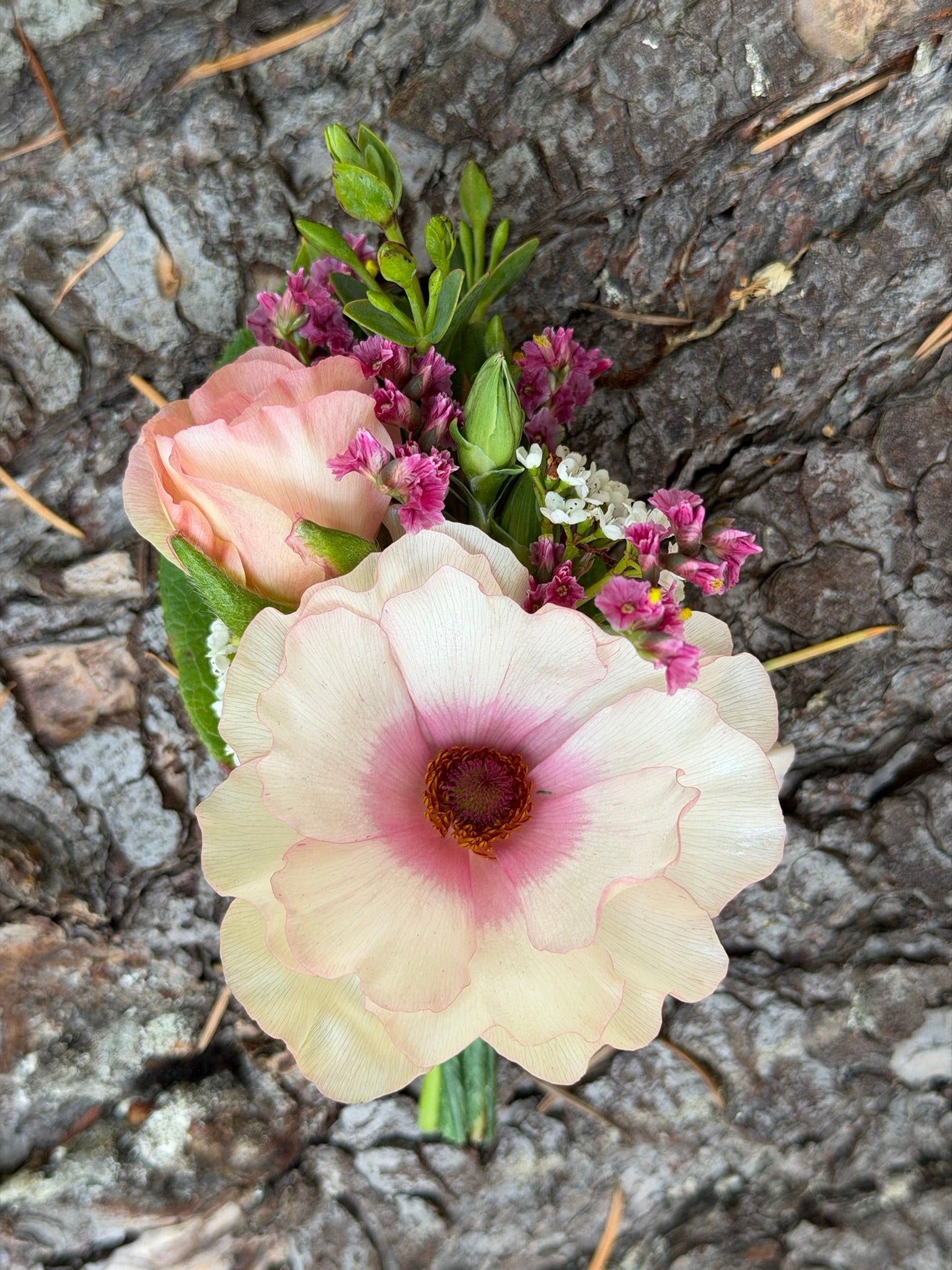 The Graceful Stem Boutonniere showcases a pale pink flower, peach rose, and purple and white accent blooms, artfully arranged on textured tree bark.