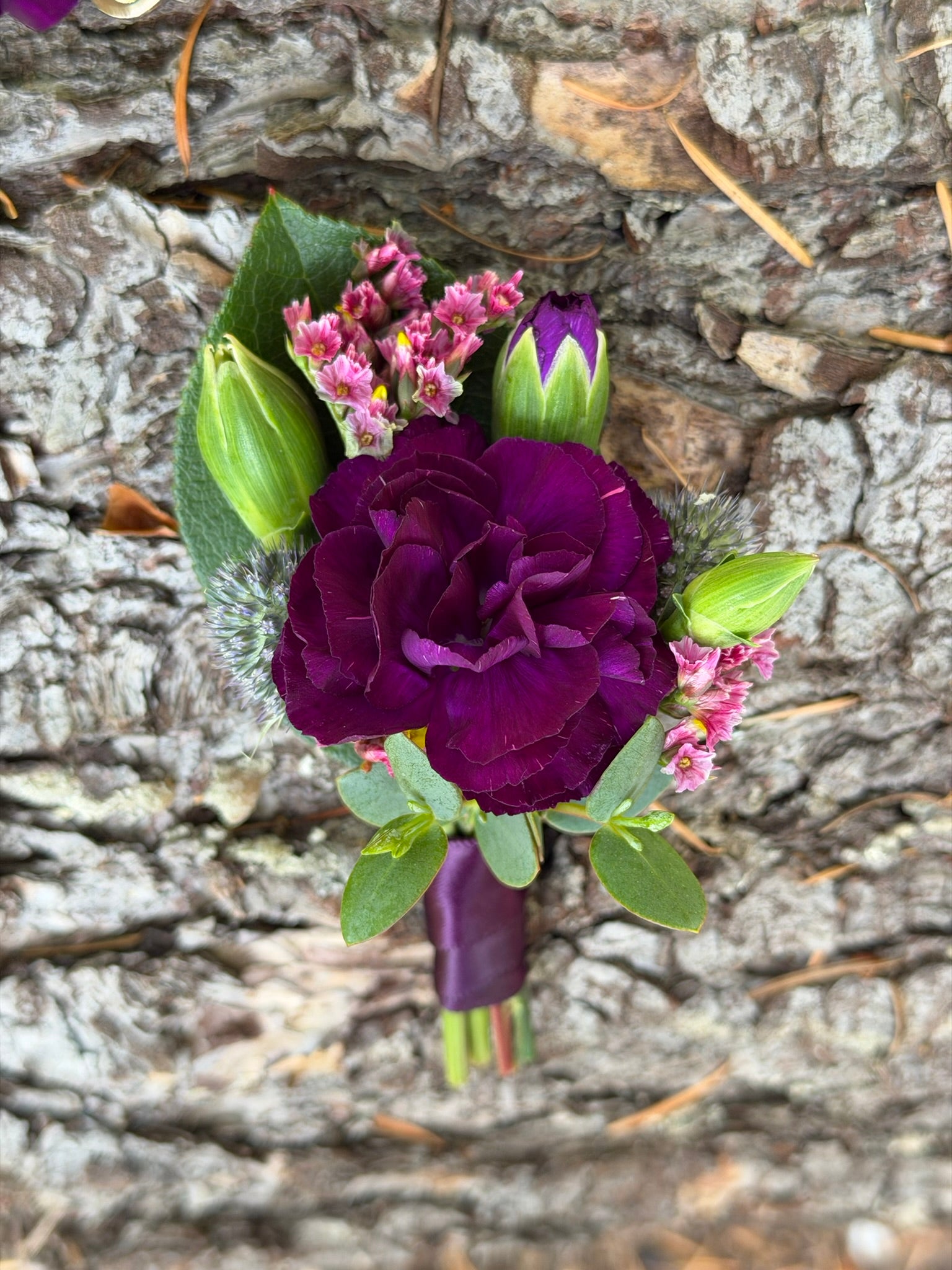The Graceful Stem’s Boutonniere features a deep purple carnation, purple buds, pink filler flowers, and green leaves, wrapped in purple ribbon—ideal for romantic floral design and available for online boutonniere delivery.